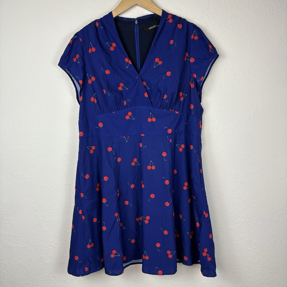 Eshakti Dress 2x Fit N Flare Pinup Retro Cherry Print Short Sleeve Blue